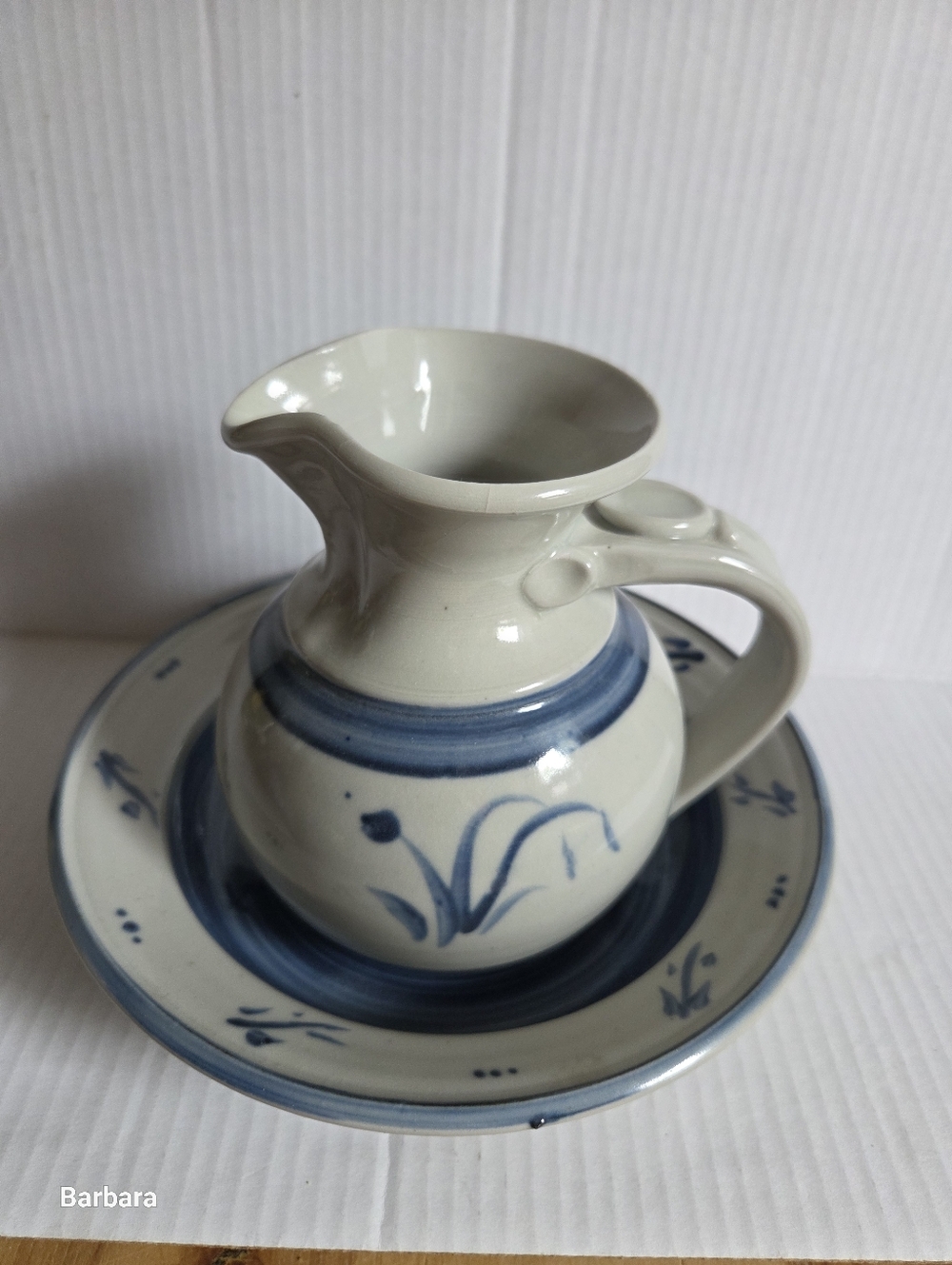 Vintage (Signed) Salt-glazed Handmade Stoneware Pitcher and Bowl Set